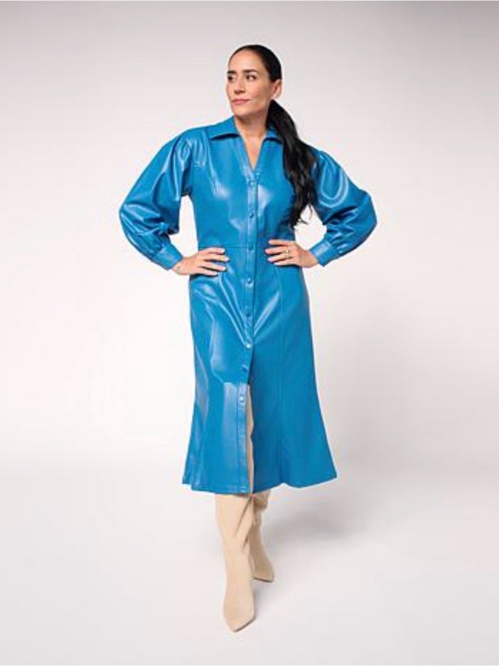 C Wonder Blue Faux-Leather Long Button-Front Dress